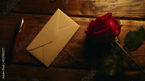 Top view of a red rose next to a fountain pen and love letter envelope on a wooden table romantic theme.