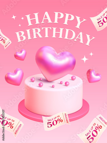 3d happy birthday gift vouchers with birthday cake and coupons flying round, isolated on background. Birthday discount offer banner template in 3d vector. Vector illustration