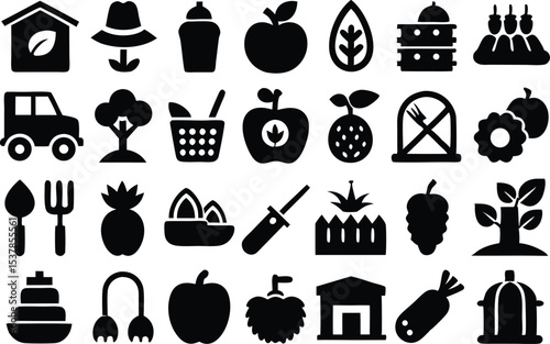 Organic farming outline icons grid set isolated on transparent background