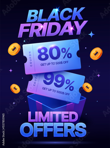 3d Black Friday banner with flying coupons and coins from a gift box, isolated on galaxy background. Black Friday limited offer gift voucher banner template in 3d vector. Vector illustration