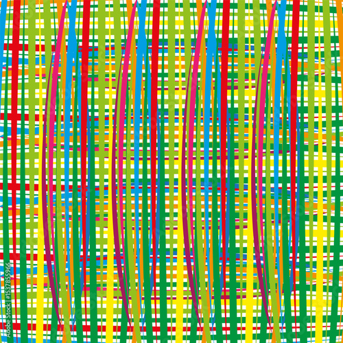 Distorted grid pattern. Wavy rainbow background. Abstract vector lines. Multicolor mesh texture.
