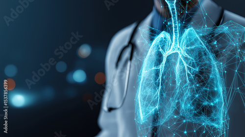 Doctor stands with digital hologram of human lungs, symbolizing integration of AI in personalized medicine and digital health. futuristic setting highlights innovation