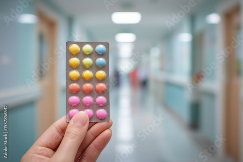 Hand holds blister pack of colorful pills in hospital corridor, symbolizing healthcare and medication. blurred background suggests clinical setting