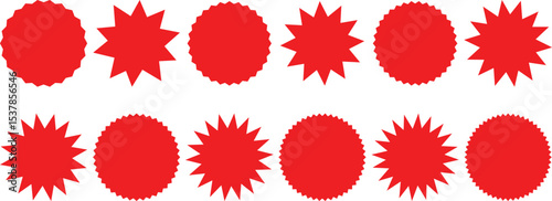 WebStarburst sale price stickers and labels, star and rosette, sunburst, callout and splash, stamp and tag badges. Isolated vector circle and oval red stickers, promo labels and tags with scalloped ed