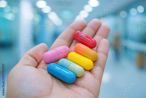 Hand holds various colorful pills in blurred background, showcasing range of vibrant capsules. image highlights diversity of medication types and colors