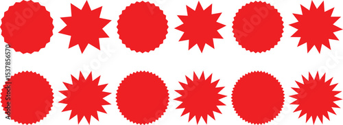 Starburst sale price stickers and labels, star and rosette, sunburst, callout and splash, stamp and tag badges. Isolated vector circle and oval red stickers.