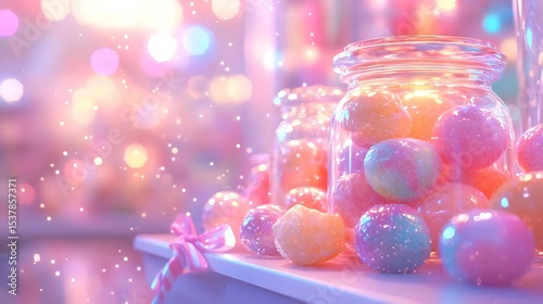 A close-up anime shot inside a magical candy store, focusing on a table covered in glowing, animated confections with candy particles floating in the air. Background blurred with jars, ribbons,