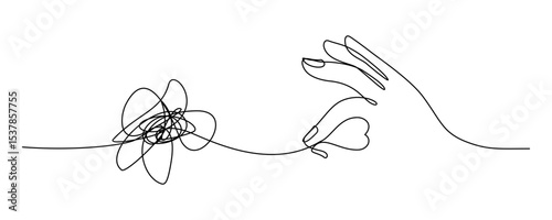 A hand trying to untangle black lines in mental health concept, editable line art.