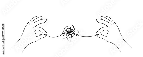 Hands trying to untangle black lines in mental health concept, editable stroke.