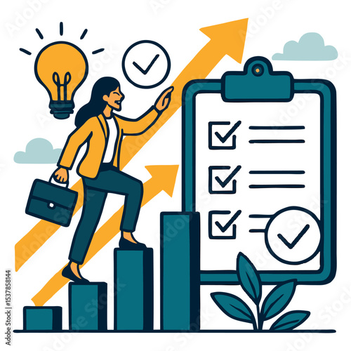 A modern vector illustration representing freelancer business concepts. Featuring a young professional working remotely on a laptop, surrounded by business icons like a briefcase, charts, emails, and 