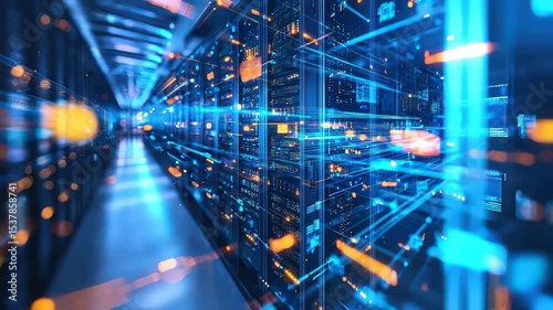 Wallpaper Mural A futuristic data center corridor filled with glowing blue and orange server racks and dynamic light trails. Torontodigital.ca