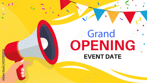 grand opening banner template advertising design social network illustration retail promotion announcement online shopping marketing flyer megaphone in hand clipart