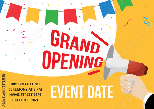 grand opening banner template advertising design social network illustration retail promotion announcement online shopping marketing flyer megaphone in hand clipart