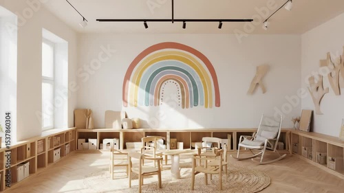 pastel colored daycare center interior . empty kindergarten classroom