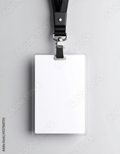 A blank id badge hangs by a black lanyard isolated against a gray backdrop, ready for your text