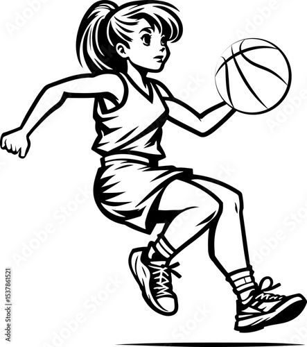 Sketchy sport emblem of girl basketball player deftly dribbles past an opponent with a ball in her hand in monochrome. Engraving minimalistic vector in black ink drawing on transparent background