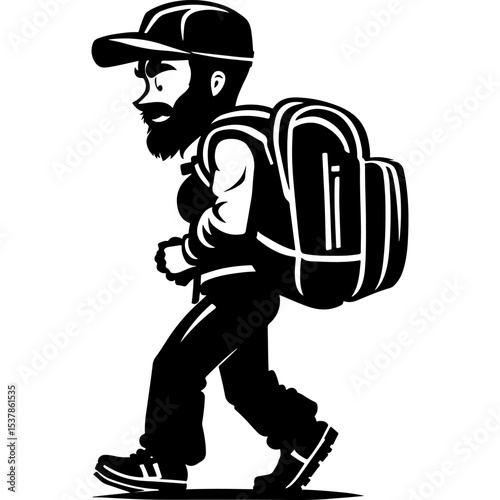Sketchy sport emblem of cartoon character traveler side view in monochrome. Engraving minimalistic vector in black ink drawing on transparent background
