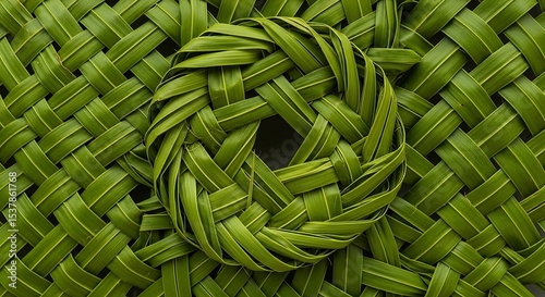 Weaved Green Coconut Palm Leaves Forming a Circular Pattern Background