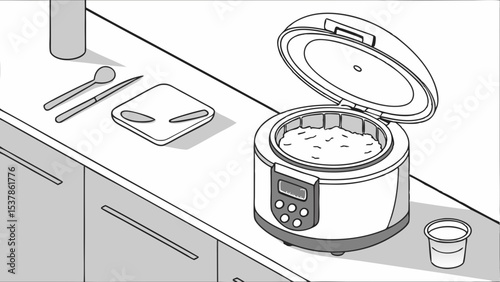 Rice cooker on kitchen counter with utensils, monochrome illustration.