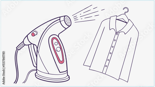 Steaming Clothes: Handheld Garment Steamer with Shirt on Hanger, Line Art Style Illustration.