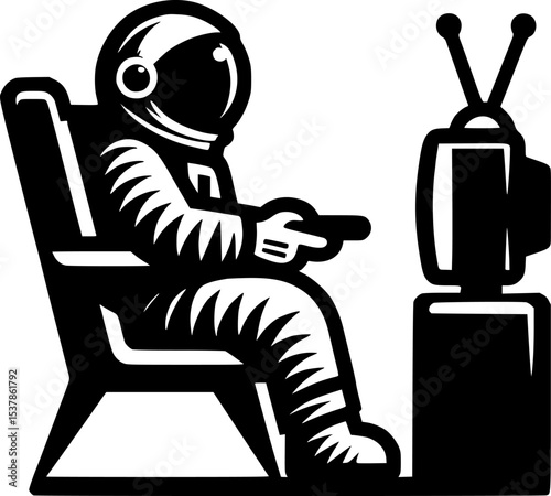 Sketchy cosmic emblem of astronaut relaxing in home chair watching tv in monochrome. Engraving minimalistic vector in black ink drawing on transparent background