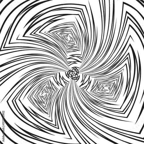 Swirling radial pattern. Abstract spiral vortex. Hypnotic dynamic motion. Vector art illusion.