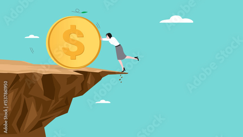 debt or bankruptcy, business failure, investment risk, inflated loan payments, mortgage problem, poor financial management, businesswoman trying hard to prevent big money coin from falling off the cl