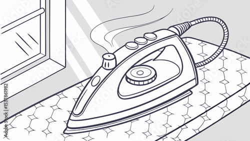 Steaming Iron on Patterned Board by Window, Line Art Illustration.