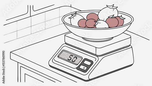 Digital scale displaying weight of fruit bowl, kitchen setting, line art.