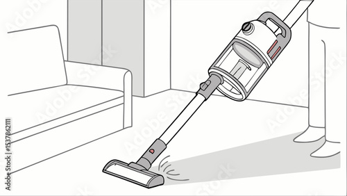 Illustrated Cordless Vacuum Cleaner Cleaning Carpet, Minimalist Interior, Line Art.
