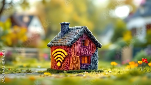 Mini house model with Wi-Fi symbol in focus, set against a blurred suburban background. Ideal for smart home, internet, connectivity, and modern technology concepts