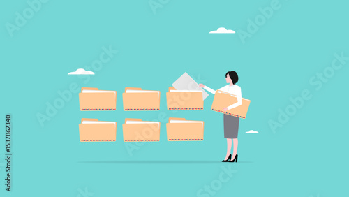 data management, woman organize data by entering it into documents, administration work or data management staff concept vector illustration