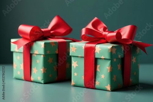 Two richly wrapped gifts with oversized red bows , texture, present boxes