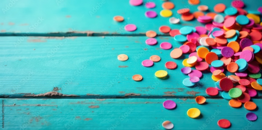 Obraz premium Vibrant confetti burst on turquoise wood; ample copy space , card, festival, design