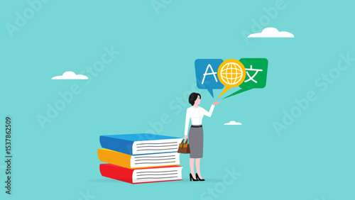language learning, multilingual global education, interlanguage translation for international communication, young woman speaks a foreign language with international multi-language books icon