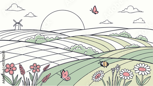 Pastoral Vista: Rolling Fields, Windmill, and Blossoming Meadow in Simplified Style