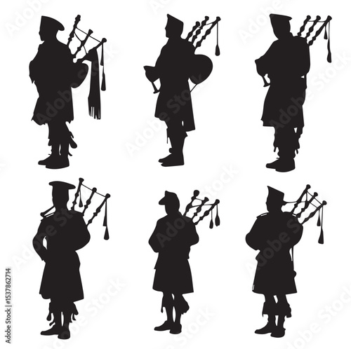 bagpiper silhouette set, Black & White silhouette set