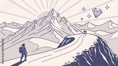 Mountain Path to Opportunity: Line Art Landscape with Figures, Peaks, and Diamond Symbols.