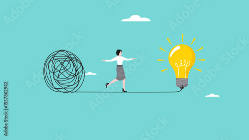 thought process to find a way out of a problem, Careful of Problem Solving with creative idea solution, conscientious business woman crossed a stretch of messy lines to a lightbulb idea