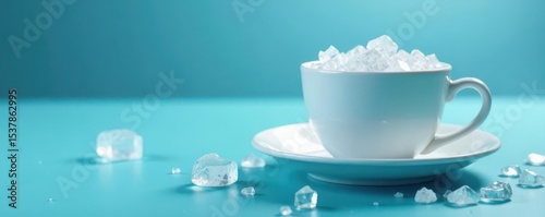 White cup, melting ice, aquamarine reflections Beautiful, calming backdrop , blue, teal