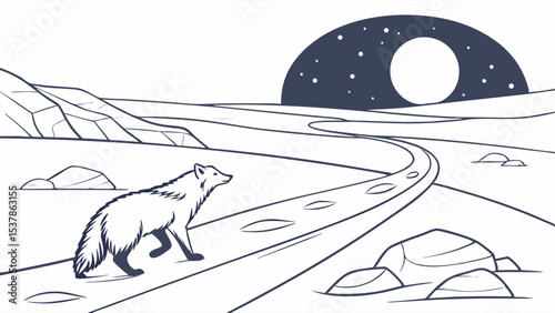 Arctic Fox Journey: Minimalist Landscape Under Starry Moon, Footprints on Path.
