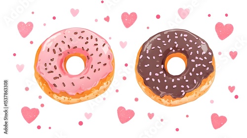 Two delicious donuts with pink and chocolate glaze surrounded by sweet pink hearts