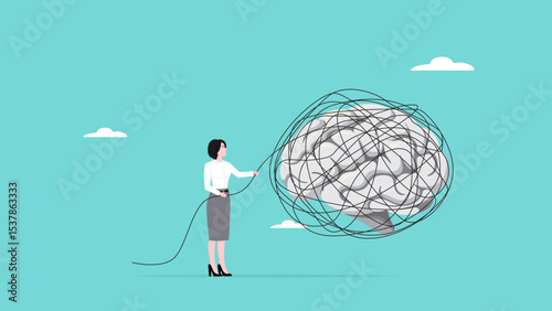 refresh the mind, eliminate complexity in the mind or brain, business woman removes the messy lines in the human brain to refresh the mind