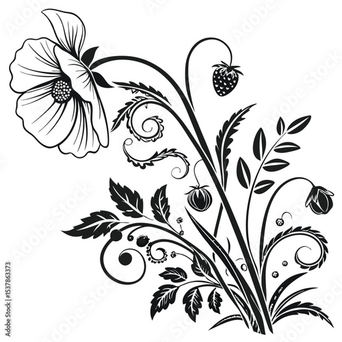 Elegant Black and White Floral Illustration Poppy, Strawberry, and Swirls
