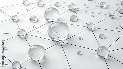 Transparent glass spheres of various sizes connected by ultra-thin gray lines forming an irregular minimal network over clean white background, elegant futuristic abstract tech design

