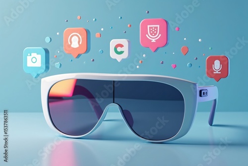 Floating icons of AI, camera, and voice recognition around a 3D model of smart glasses