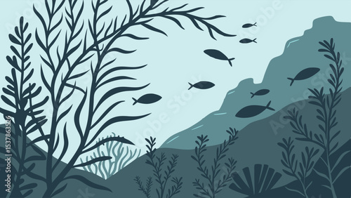 Underwater Scene: Silhouetted Fish, Seaweed, and Rocky Outcrop in Muted Blues.