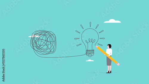 solutions to overcome difficulties in solving problems, innovation to fix complex problems, business woman drawing light bulb idea from messy lines with pen