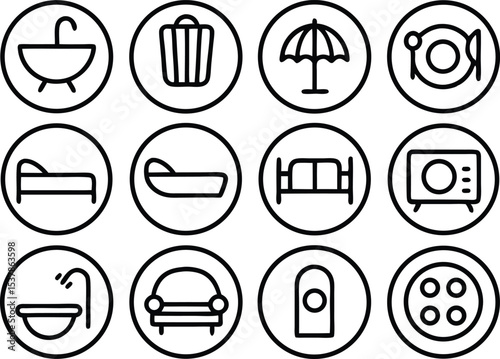Penthouse amenities luxury building outline icon set isolated on transparent background