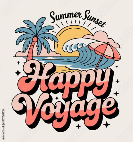 Summer Sunset with Wave and Palm Trees